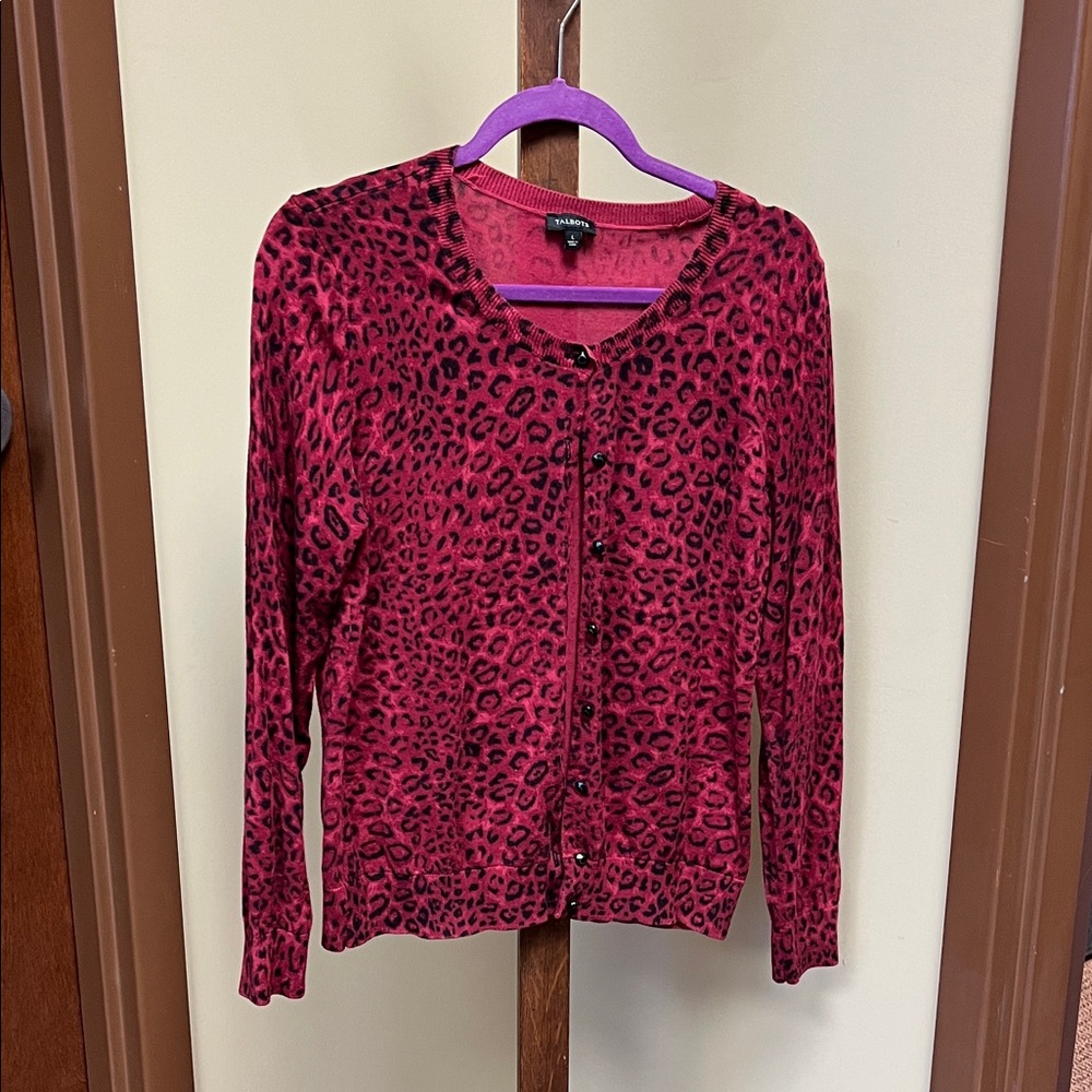 Talbots Red Leopard Print Cardigan
